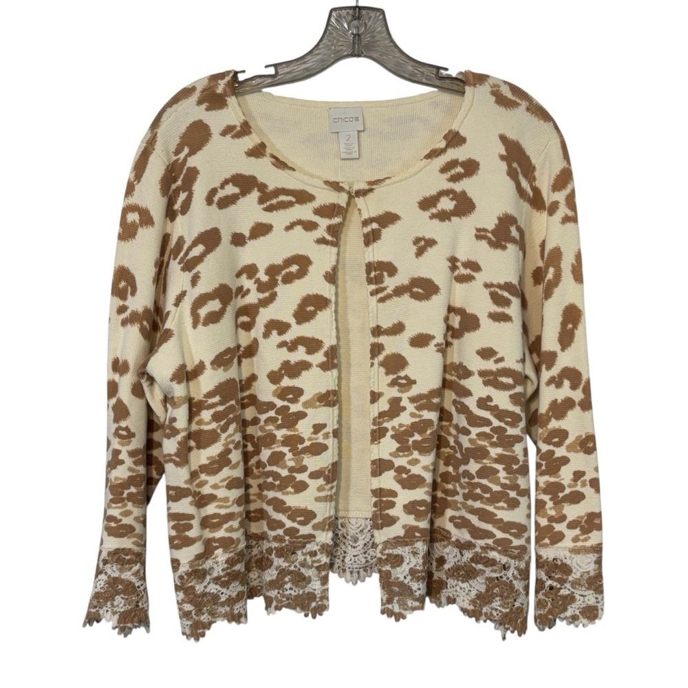 Chico's Open Front Animal Print Cardigan Lace Trim Cream Brown Chico's Size 2